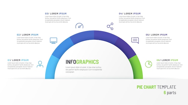 Vector cirkeldiagram infographic sjabloon in de vorm van een halve cirkel gedeeld door zes delen