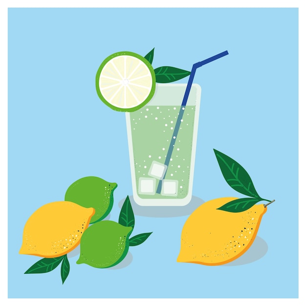 Vector, citrus drink in a glass with ice, a straw and a slice of lime, lemons and limes with leaves