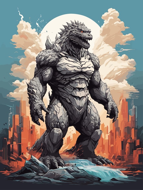 Vettore vector la città sotto i piedi di godzilla testimonia l'inarrestabile forza della natura anime 3