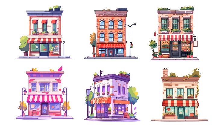 Vector vector city street building house cartoon icon set city buildings shop apartment and store window ex
