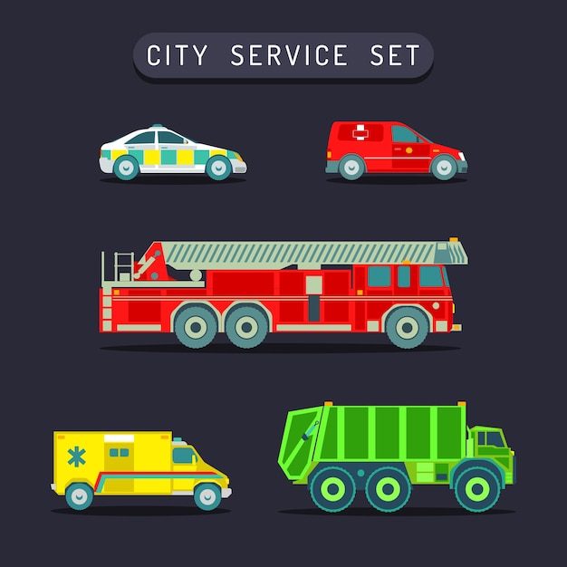 Vector city transport set in flat styleTown municipal different specialemergency service carstrucks icons collection