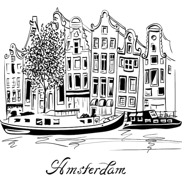 Vector vector city view of amsterdam canal