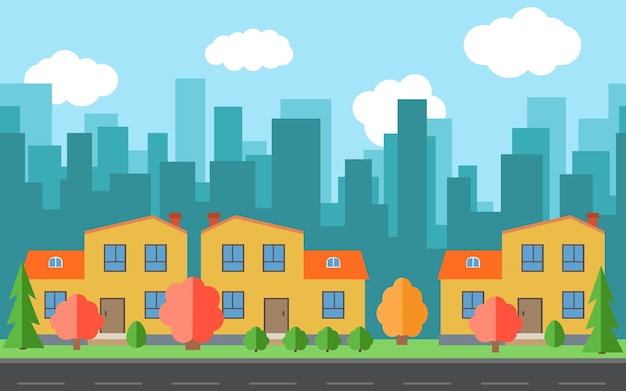 Vector vector city with cartoon houses and buildings. city space with road on flat style background concept. summer urban landscape. street view with cityscape on a background
