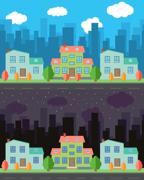 Vector city with cartoon houses and buildings in the day and nightSummer urban landscape Street view with cityscape on a background