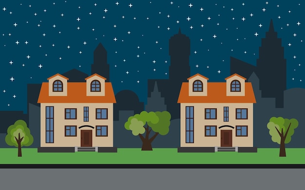 Векторный город с двумя двухэтажными мультяшными домами и зелеными деревьями ночью. Летний городской пейзаж. Просмотр улиц с городским пейзажем на заднем плане