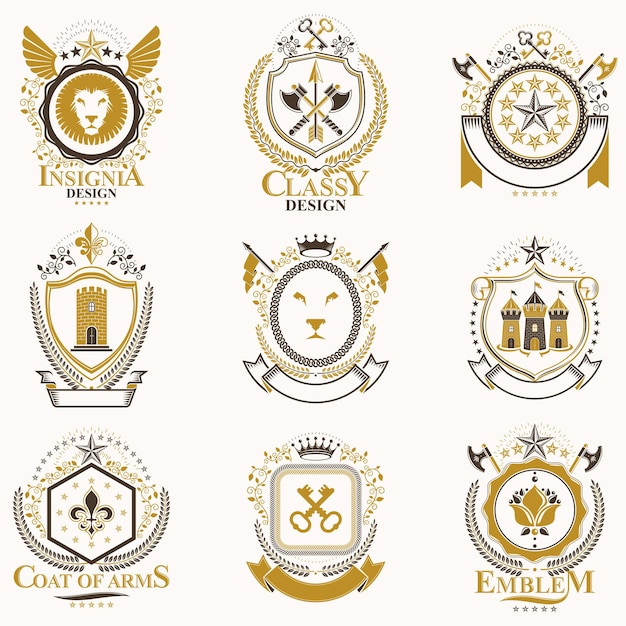 Vector classy heraldic coat of arms. collection of blazons stylized in vintage design and created with graphic elements, royal crowns and flags, stars, towers, armory, religious crosses.