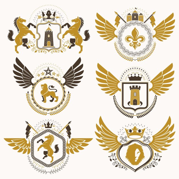 ベクトル上品な紋章の紋章。ビンテージ デザインで様式化され、グラフィック要素、王冠と旗、星、塔、武器庫、宗教的な十字架で作成された紋章のコレクション。