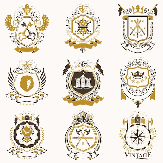 Векторный классный геральдический герб. Коллекция гербов, стилизованных под винтаж и созданных с использованием графических элементов, королевских корон и флагов, звезд, башен, оружия, религиозных крестов.