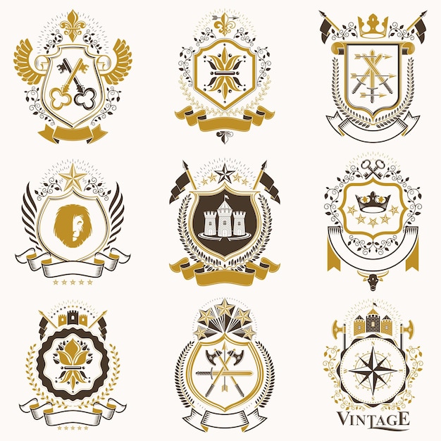 Vector classy heraldic Coat of Arms. Collection of blazons stylized in vintage design and created with graphic elements, royal crowns and flags, stars, towers, armory, religious crosses.