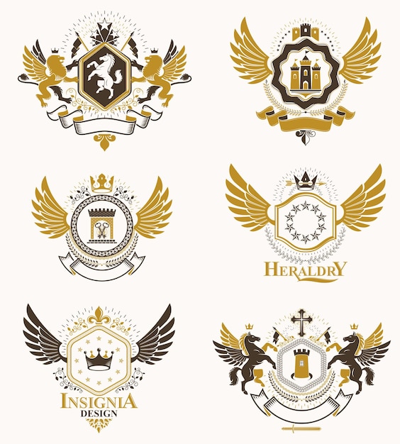 Vector classy heraldic Coat of Arms. Collection of blazons stylized in vintage design and created with graphic elements, royal crowns and flags, stars, towers, armory, religious crosses.