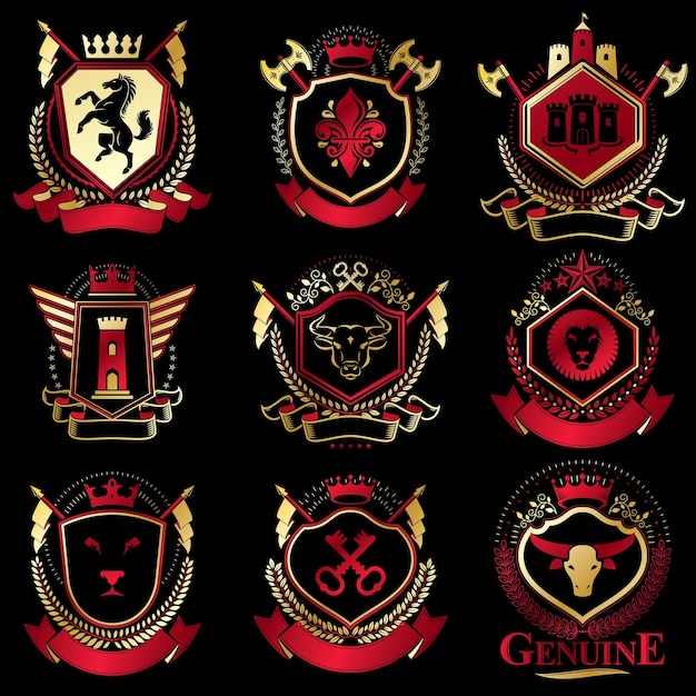 Vector vector classy heraldic coat of arms. collection of blazons stylized in vintage design and created with graphic elements, royal crowns and flags, stars, towers, armory, religious crosses.