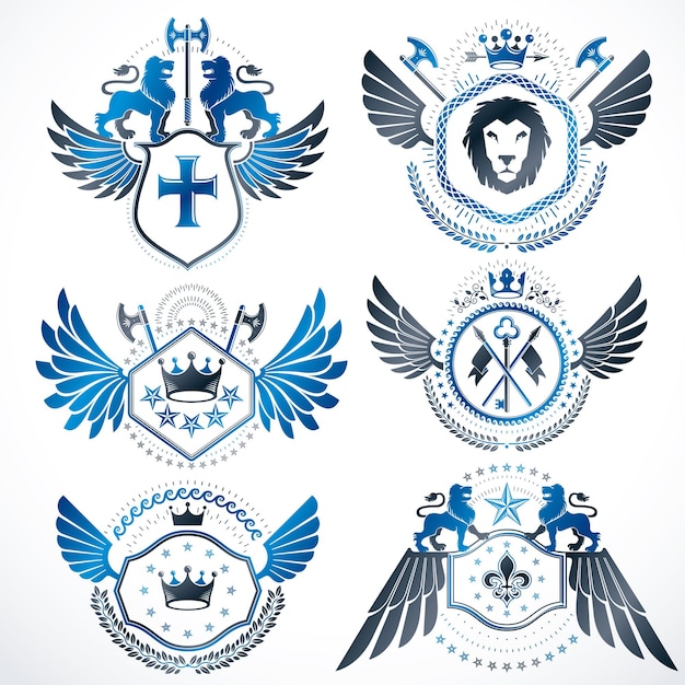 Vector classy heraldic Coat of Arms. Collection of blazons stylized in vintage design and created with graphic elements, royal crowns and flags, stars, towers, armory, religious crosses.