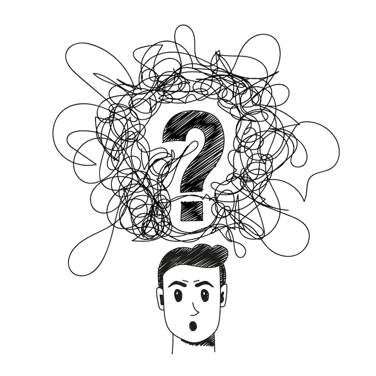 Vector vector clip art of a portrait of a surprised man with confused thoughts and a question in his head