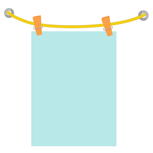 vector clipped blue blank message note, at yellow rope, isolated on white