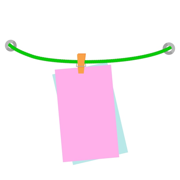 Вектор обрезал розовое пустое сообщение примечание, на зеленой веревке, изолированное на белом