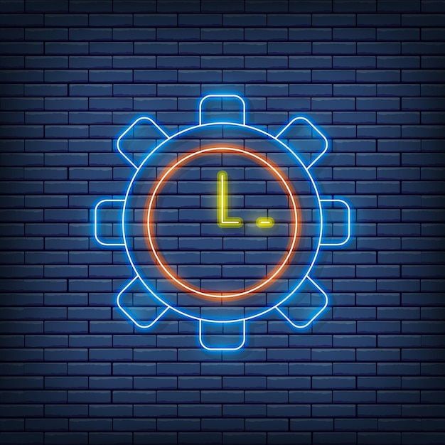 Vector clock in gear productivity time management neon sign Vector illustration in neon style