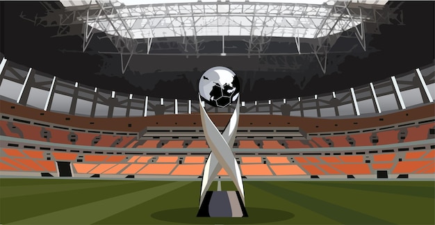 Vector close up trofeo di calcio campioni campo di erba verde bellissimo maestoso grande stadio jakarta