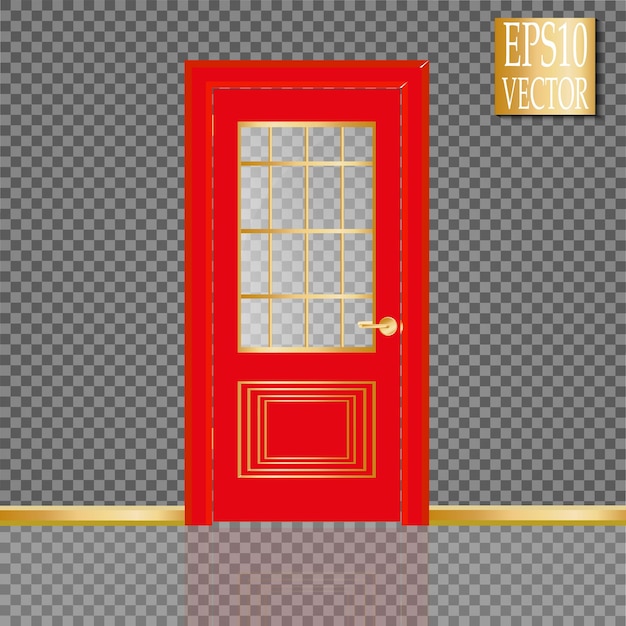 Vector closed door with frame isolated on background Door with clear glass and Golden frame Lacquered grey