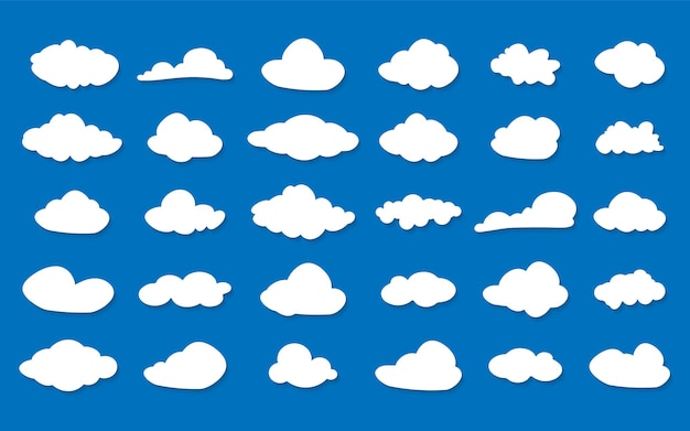 벡터 구름 아이콘을 설정합니다. 구름 실루엣입니다. 흰 구름 벡터 아이콘의 집합입니다. 다른 구름의 컬렉션
