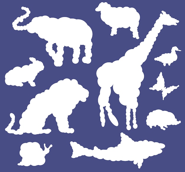 Vector clouds in the form of animals cartoon drawn on a blue background