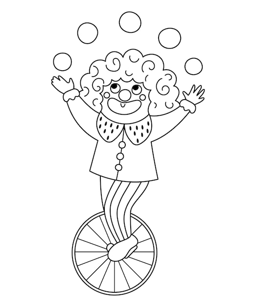 Vector clown line icon Black and white circus artist clipart Amusement holiday man on a wheel juggling balls Cute funny festival character coloring page Street show comedian juggler illustrationxA