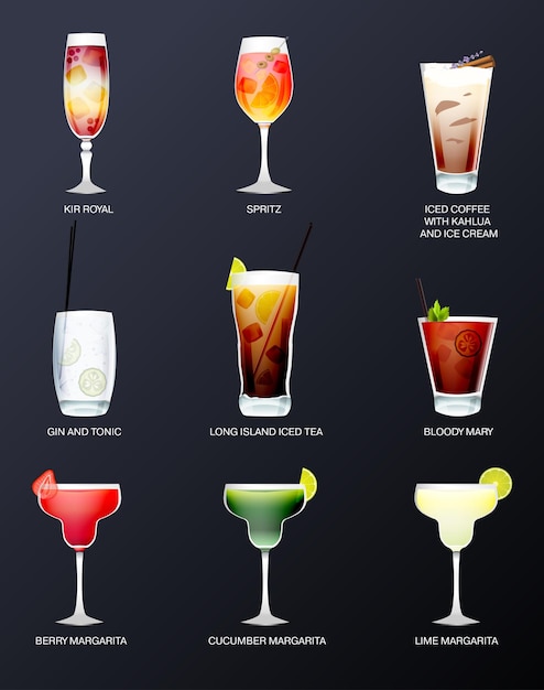 Vector vector cocktail menu set of alcoholic cocktails isolated on black background