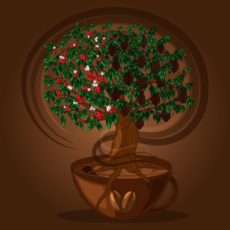 Vector vector coffee, abstract object on brown background