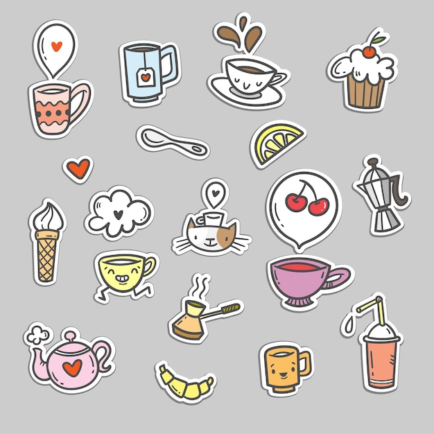 Set da caffè vettoriale collezione doodle cafe cute stampa cose cibo bevande e utensili pacchetto di adesivi