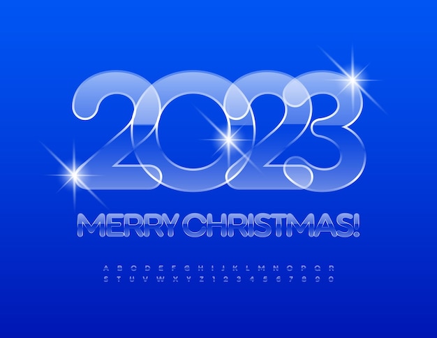 Vector cold greeting card Merry Christmas 2023! Iced texture Font. Crystal shiny Alphabet Letters