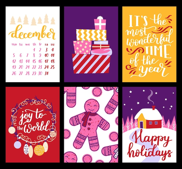 Vector collectie kerstaffiche sjablonen Nieuwjaar 2023 set kerst wenskaarten felle kleuren presenteert en handgeschreven letters voor uw uitnodiging en ontwerp