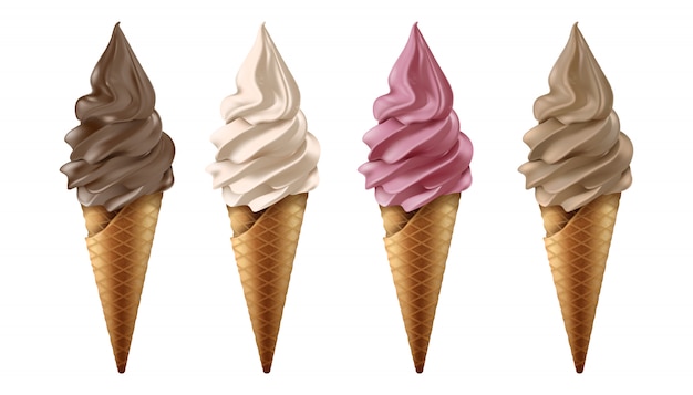 vector collectie van bevroren yoghurt of ijs in chocolade, vanille, aardbei en koffie smaak.