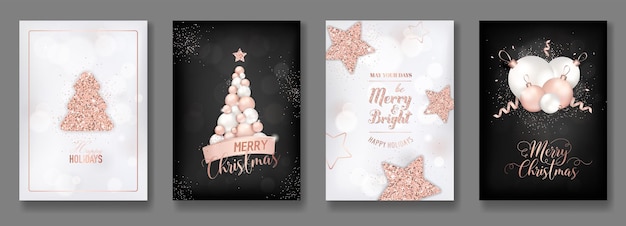 Vector vector collectie van elegante vrolijke kerstkaarten met glanzende rose gouden glitter kerstballen ster kerstboom flyer en nieuwjaarsbrochure 2019