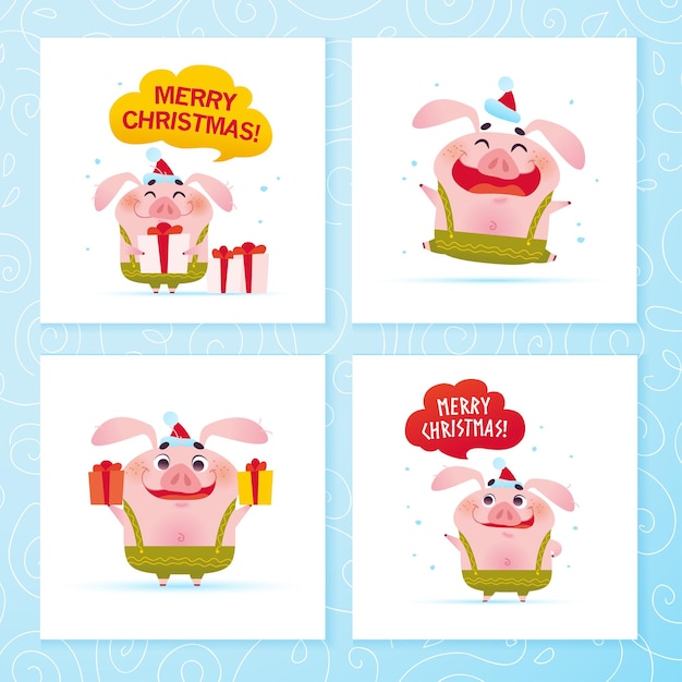 Vector collectie van happy new year en merry christmas kaarten met grappige hartje in groene broek, kerstmuts met geschenkdoos geïsoleerd op een witte achtergrond. goed voor cadeaulabels, felicitatiebannerontwerp