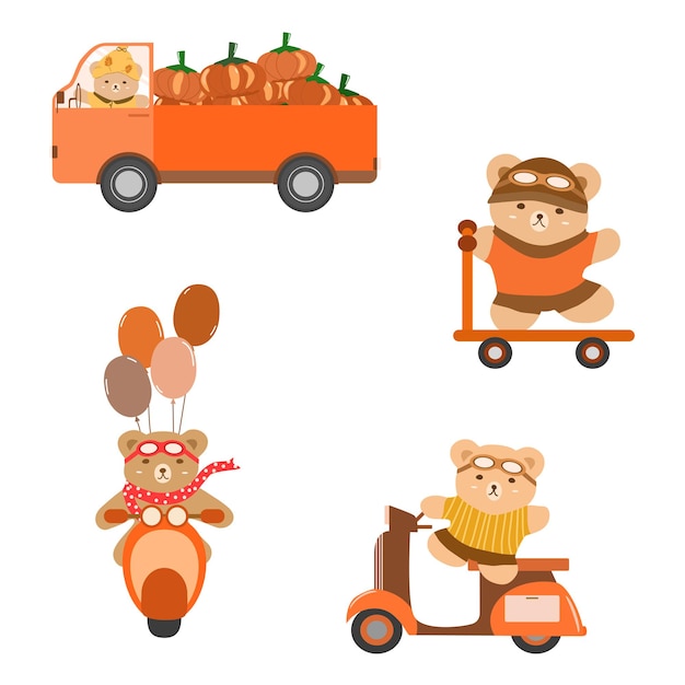 Vector collectie van teddybeer rijden vrachtwagen met pompoen rit motorfiets met ballon scooter