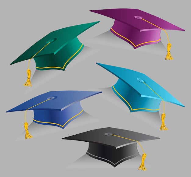 Vector Collection 3D Education Caps Set of Realistic Graduation student hats Graduate ceremony Isolated caps in different colors