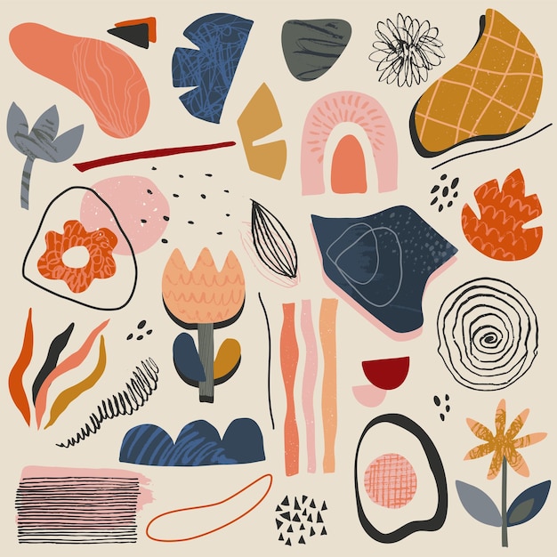 Vector collection of abstract shapes and geometric elements with hand drawn texture