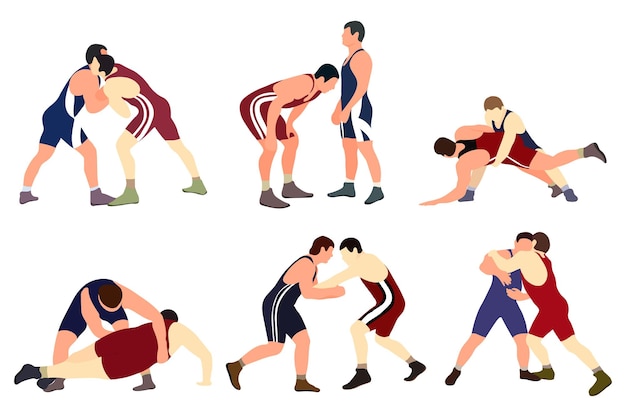 Vector collection of athletes wrestlers in wrestling fight Greco Roman freestyle classical wrestling