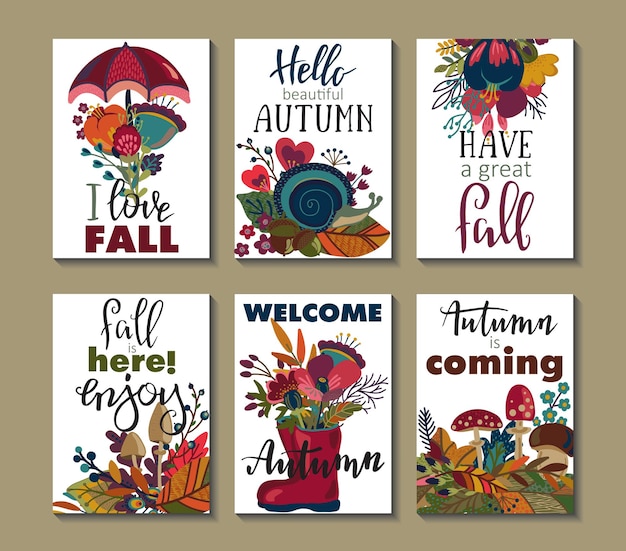 Vector collection of autumn cards. Fall flyer templates with hand lettering text. Bright leaves, trees, flowers, mushrooms. Poster, calendar, note, label, schedule planner banner design set