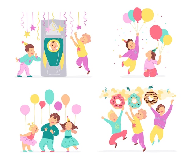 Vector vector collection of birthday party kids, decor idea elements isolated on white background - balloons, candy, rocket, garland. flat hand drawn cartoon style. good for cards, patterns, tags, invitation