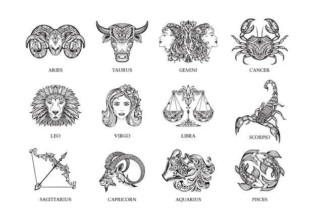 Векторная коллекция черно-белых иллюстраций знаков зодиака, нарисованных вручную