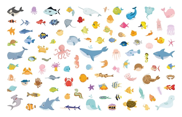 Vector collection of cartoon marine animals.