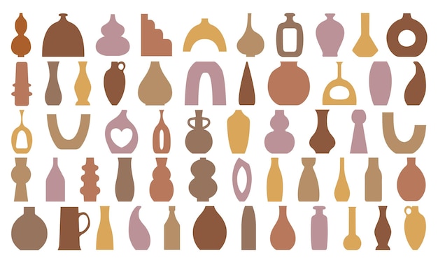 Vector collection of ceramic vases in boho style Flat brown color illustration for design