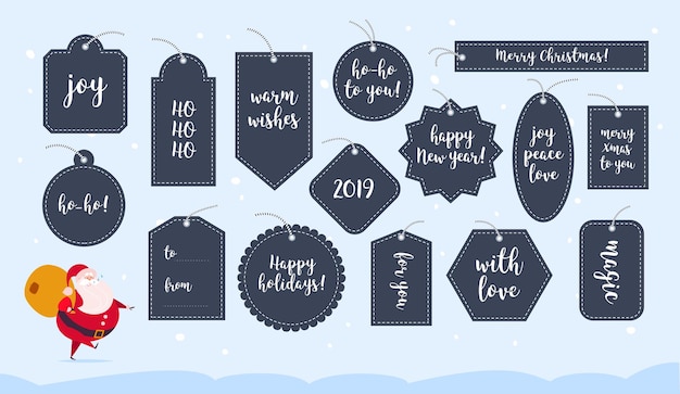 Vector collection of christmas gift tags and badges isolated on light background. Emblems for xmas holiday presents packaging. Text place, congratulations, lettering, new year character design.