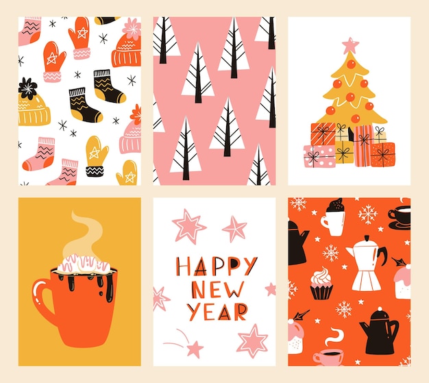 Vector collection of Christmas poster templates New year 2023 set of christmas greeting cards Bright colors presents and hand written lettering for your invitation and design