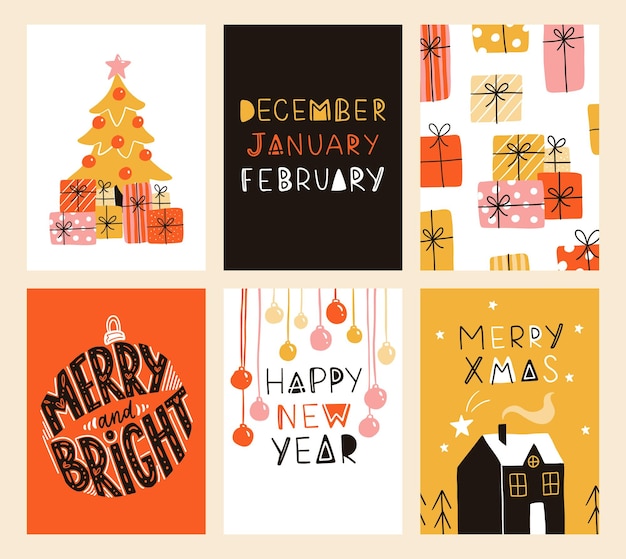 クリスマス ポスター テンプレートのベクトル コレクション新年 2023 クリスマス グリーティング カードのセット明るい色のプレゼントと招待状とデザインの手書きのレタリング