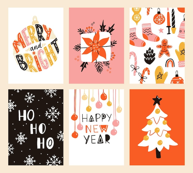 Vector collection of Christmas poster templates New year 2023 set of christmas greeting cards Bright colors presents and hand written lettering for your invitation and design