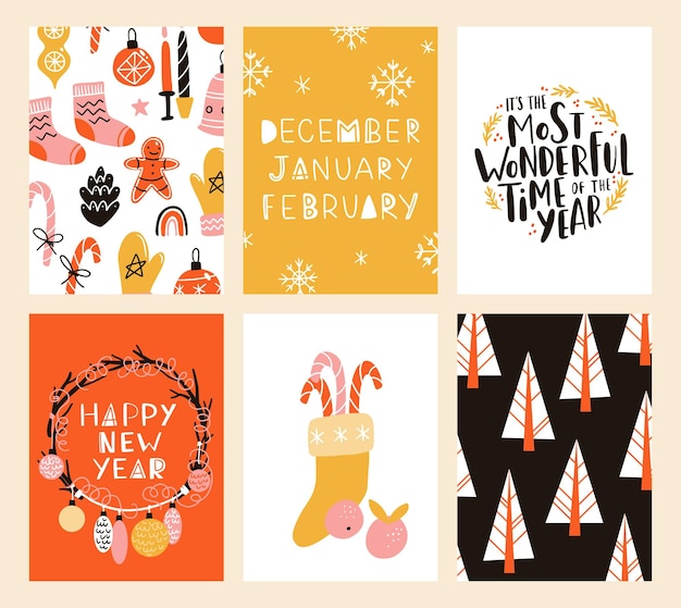 Vector collection of Christmas poster templates New year 2023 set of christmas greeting cards Bright colors presents and hand written lettering for your invitation and design