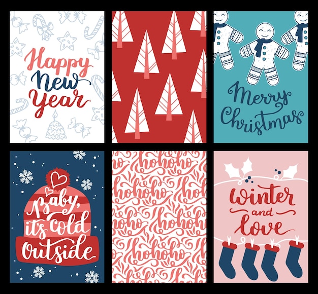 Vector collection of Christmas poster templates New year 2023 set of christmas greeting cards Bright colors presents and hand written lettering for your invitation and design