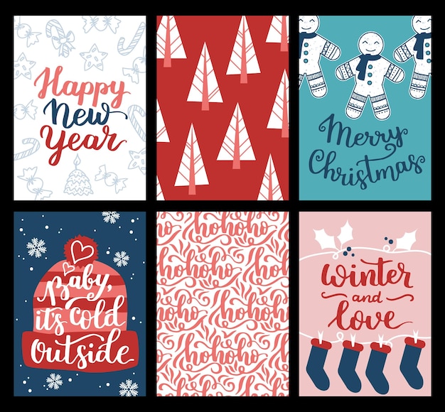 Vector collection of Christmas poster templates New year 2023 set of christmas greeting cards Bright colors presents and hand written lettering for your invitation and design