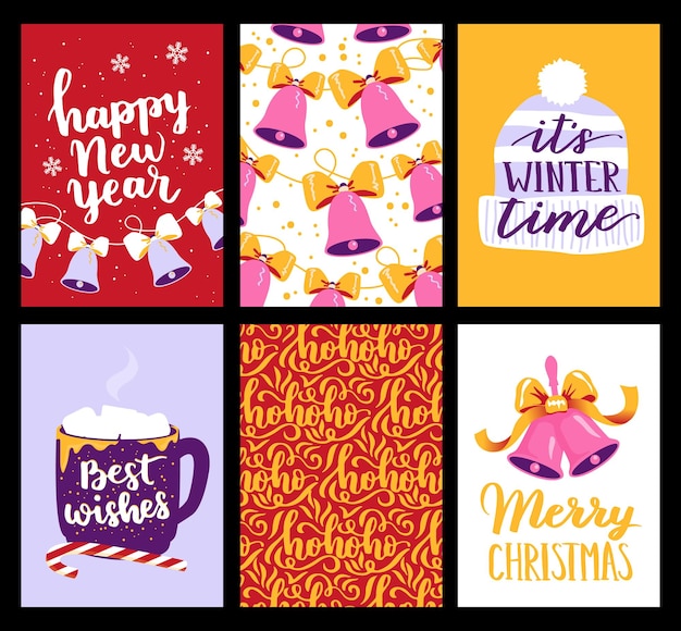 Vector collection of Christmas poster templates New year 2023 set of christmas greeting cards Bright colors presents and hand written lettering for your invitation and design